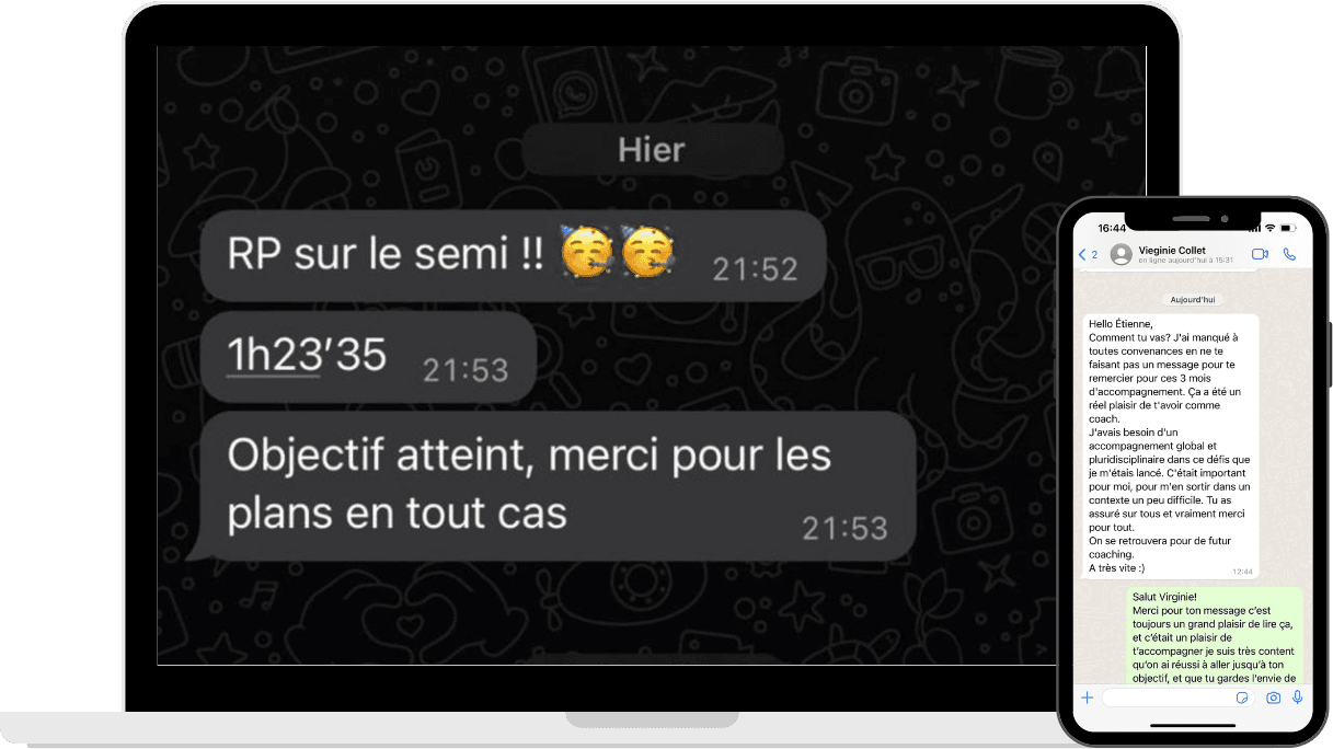 Échanges WhatsApp entre un coureur et son coach BYP après un record sur semi-marathon